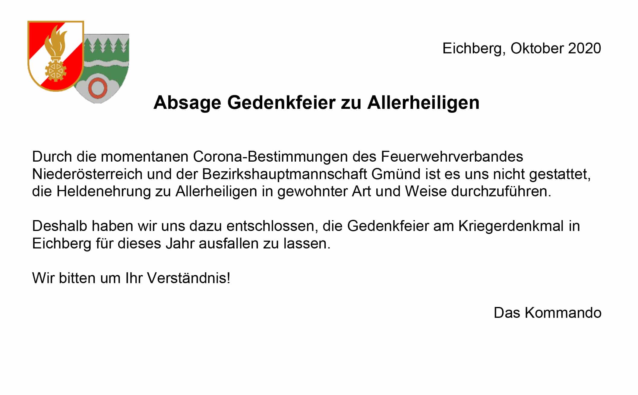 Absage Gedenkfeier zu Allerheiligen